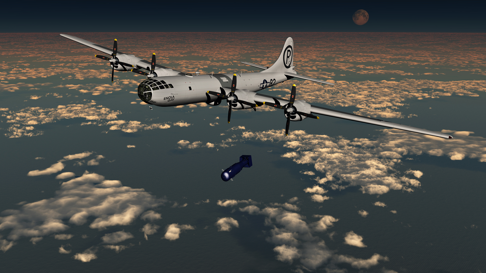 Enola Gay drops the world’s first atom bomb, over the city of Hiroshima